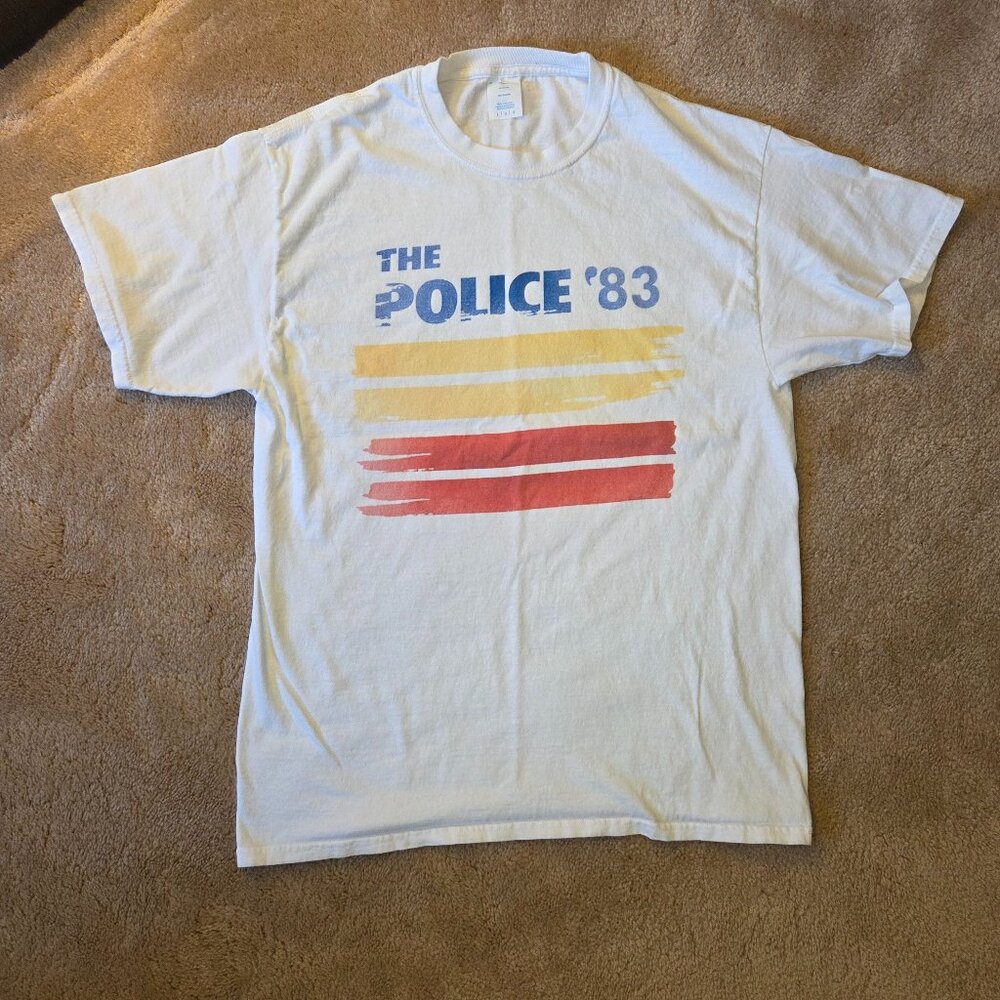 Men’s White T-Shirt – The Police ’83 Synchronicity Graphic (Size Large)